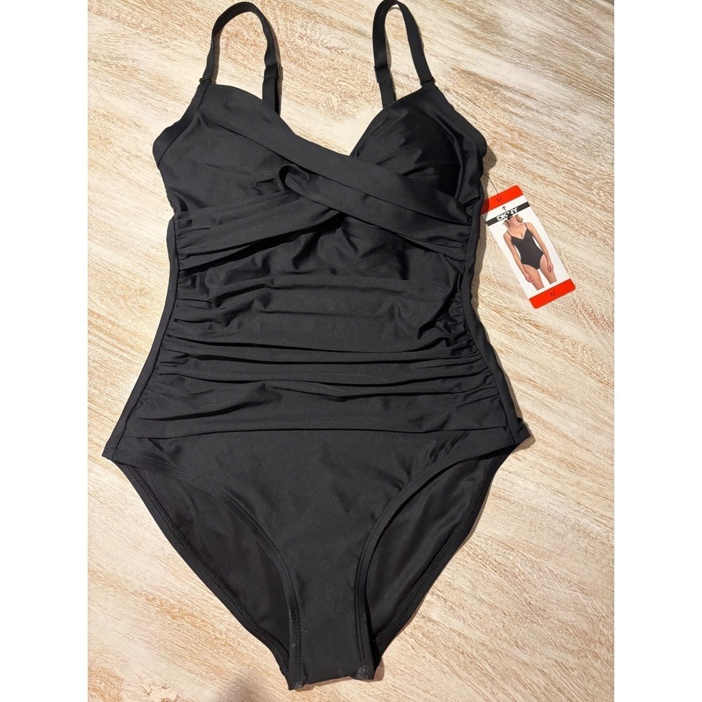 NWT Medium DKNY One Piece Swimsuit Womens Black Ruched Wrap Front V-Neck - Picture 3 of 5